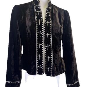 Double D Ranch Brown Western Velvet Studded Cross Embellished Jacket long sleeve